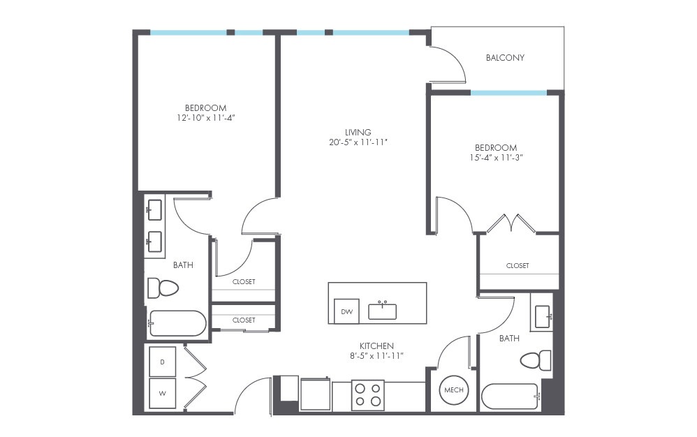 Conservator - 2 bedroom floorplan layout with 2 baths and 1096 square feet.