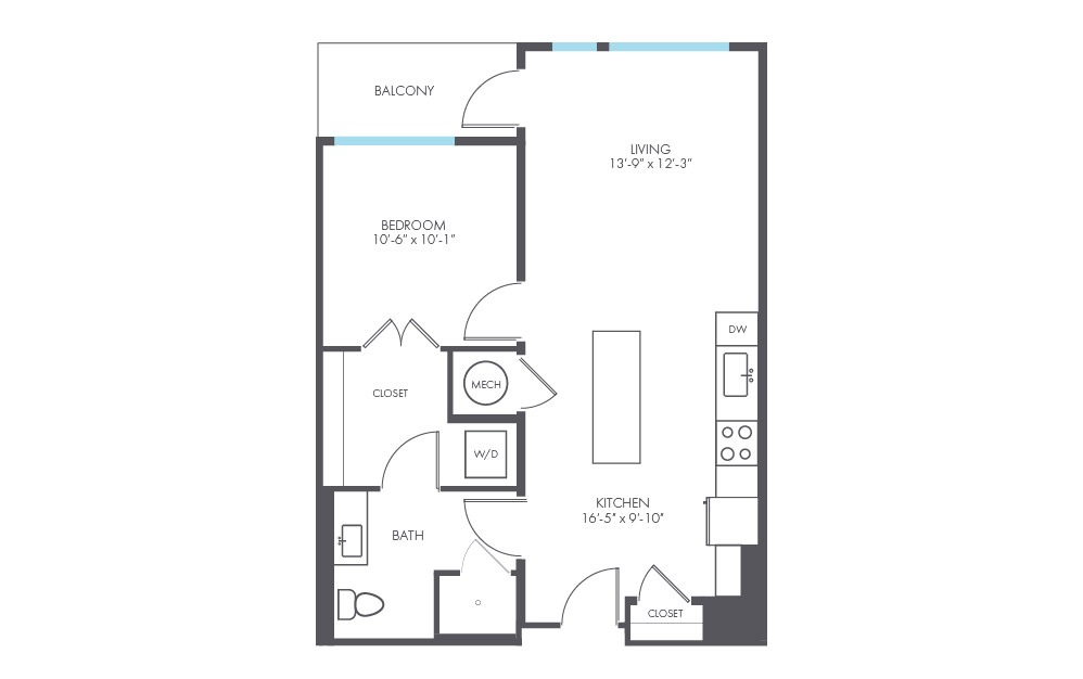 Deco - 1 bedroom floorplan layout with 1 bath and 709 to 766 square feet.