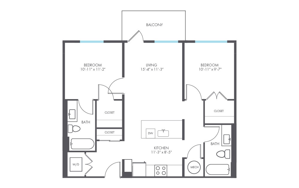 Fluxus - 2 bedroom floorplan layout with 2 baths and 925 square feet.