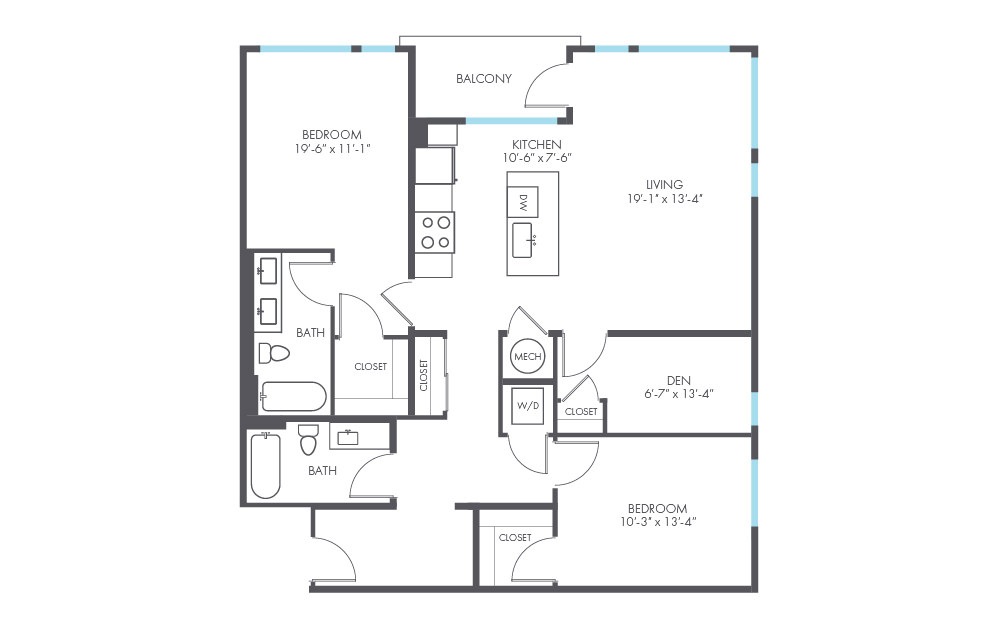 Gala - 2 bedroom floorplan layout with 2 baths and 1286 square feet.