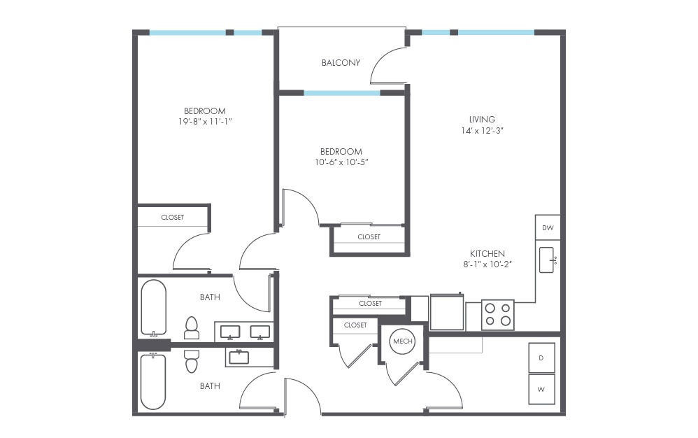 Guild - 2 bedroom floorplan layout with 2 baths and 1100 square feet.