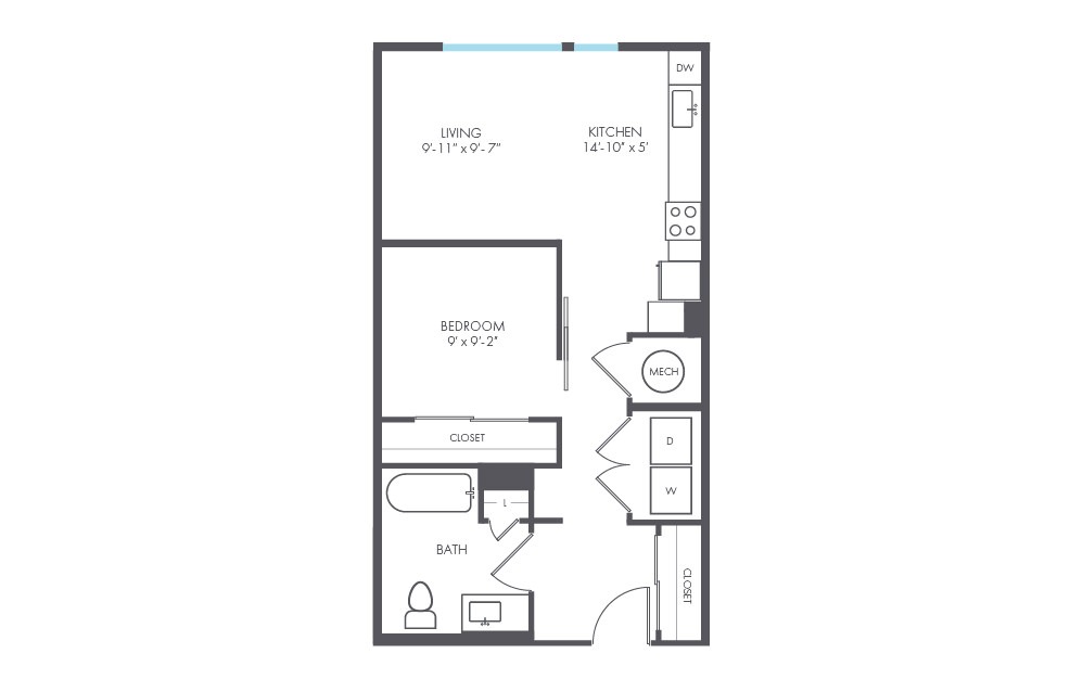 Mod - Studio floorplan layout with 1 bath and 576 square feet.