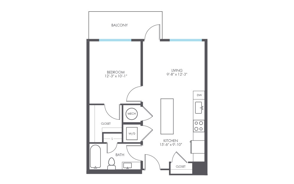 Muse - 1 bedroom floorplan layout with 1 bath and 643 square feet.