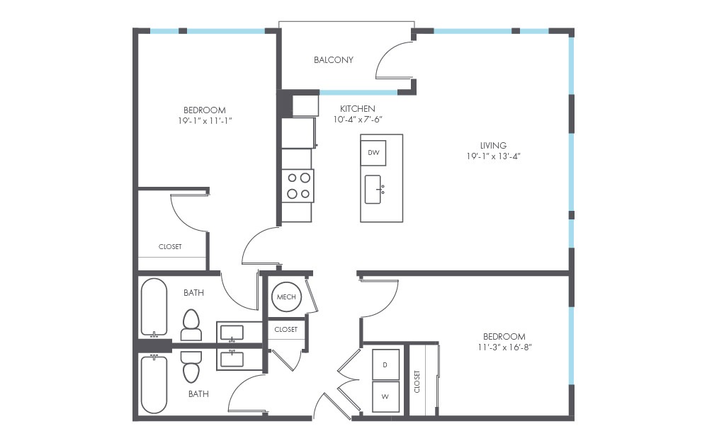 Palette - 2 bedroom floorplan layout with 2 baths and 1099 to 1100 square feet.