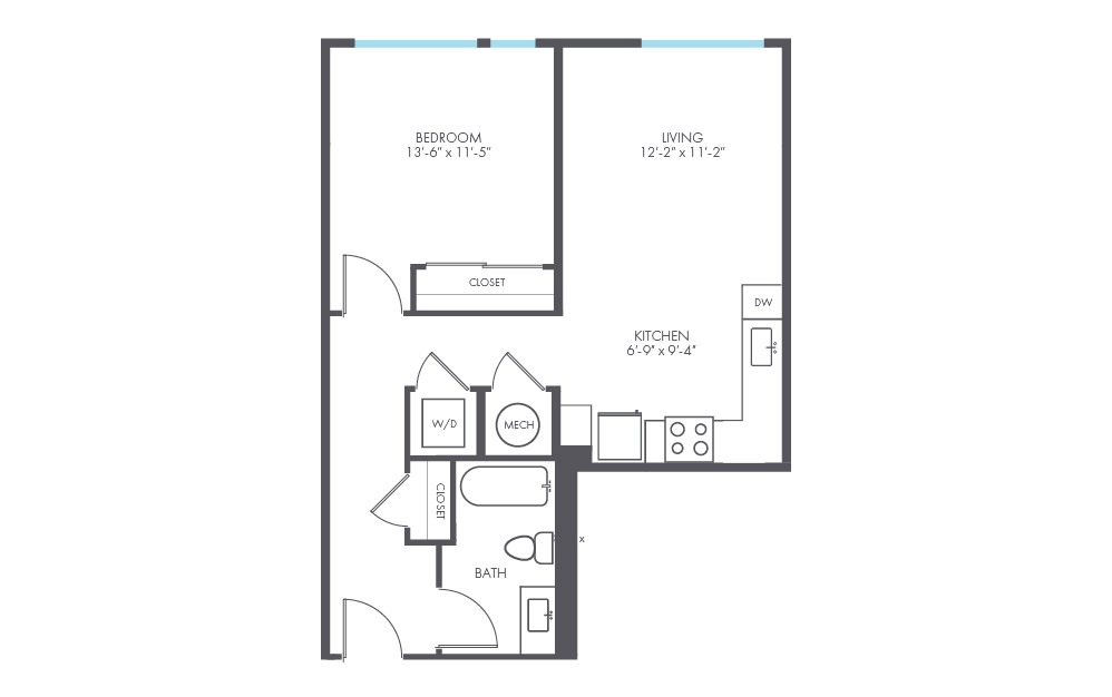 Proof - 1 bedroom floorplan layout with 1 bath and 671 square feet.