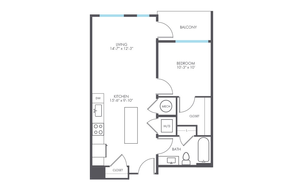 Vincent - 1 bedroom floorplan layout with 1 bath and 694 square feet.